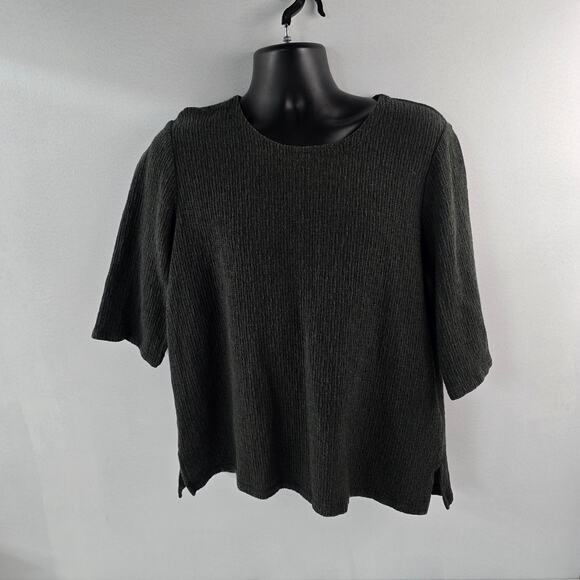 Eileen Fisher Textured Knit Short Sleeve Top Tencel Dark Gray XL 5957 SCOOP - Picture 1 of 10